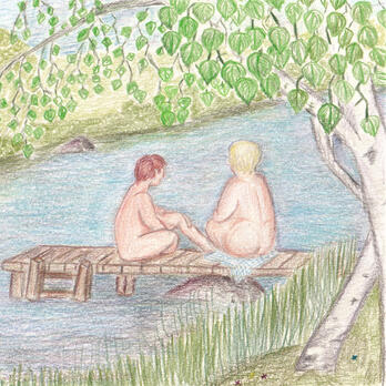 Aziraphale and Crowley sitting on a pier by a river, under the canopy of birch leaves.